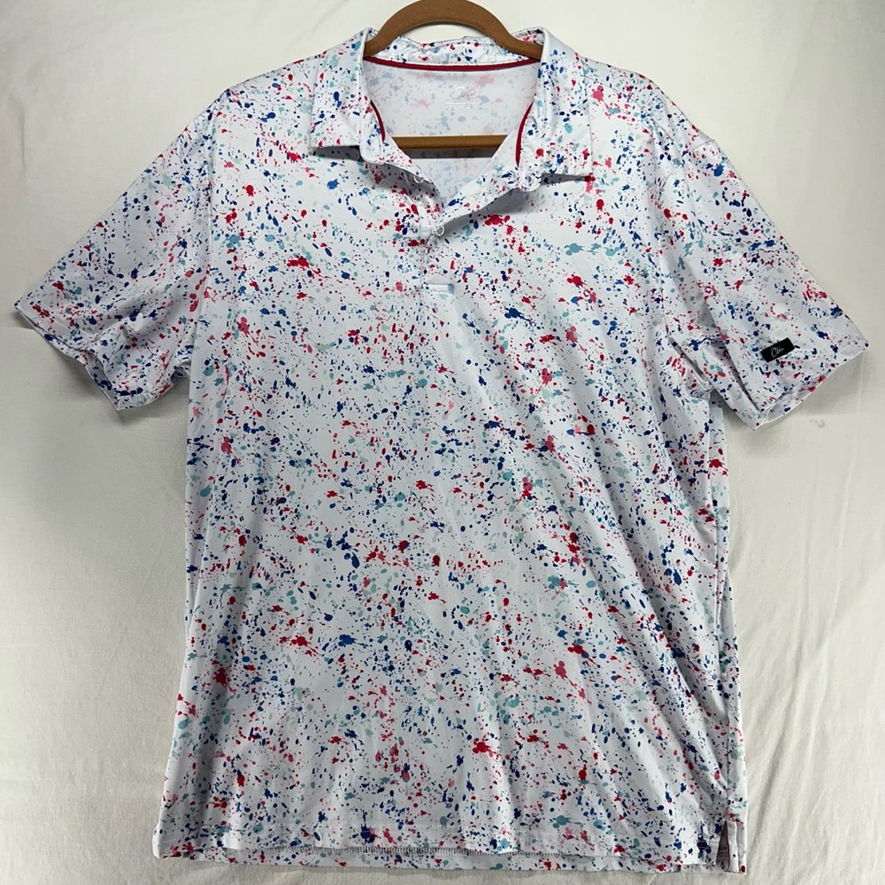 Obla Performance Golf Polo Shirt White Red Blue‎ Paint Splatter Mens Large